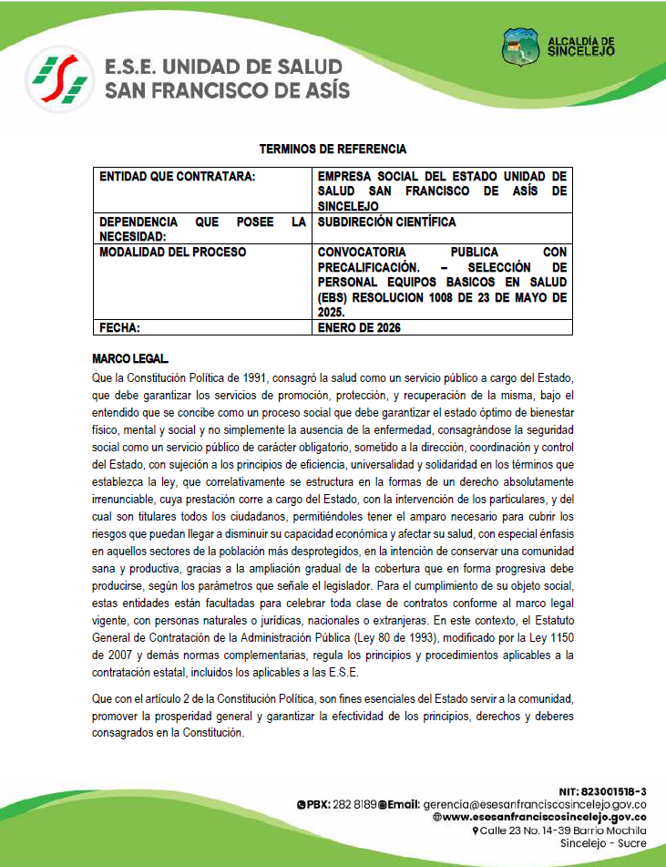 CONVOCATORIA PUBLICA CON PRECALIFICACIÓN – SELECCIÓN DE PERSONAL EQUIPOS BASICOS EN SALUD (EBS) RESOLUCION 1008 DE 23 DE MAYO DE 2025